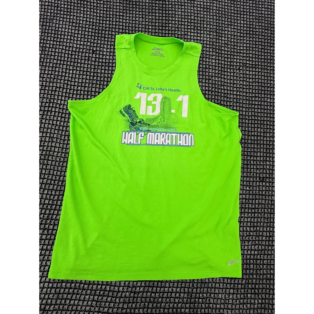 Asics Tank Top Mens Large Green Excellent Woodlands Half Marathon Finisher 13.1